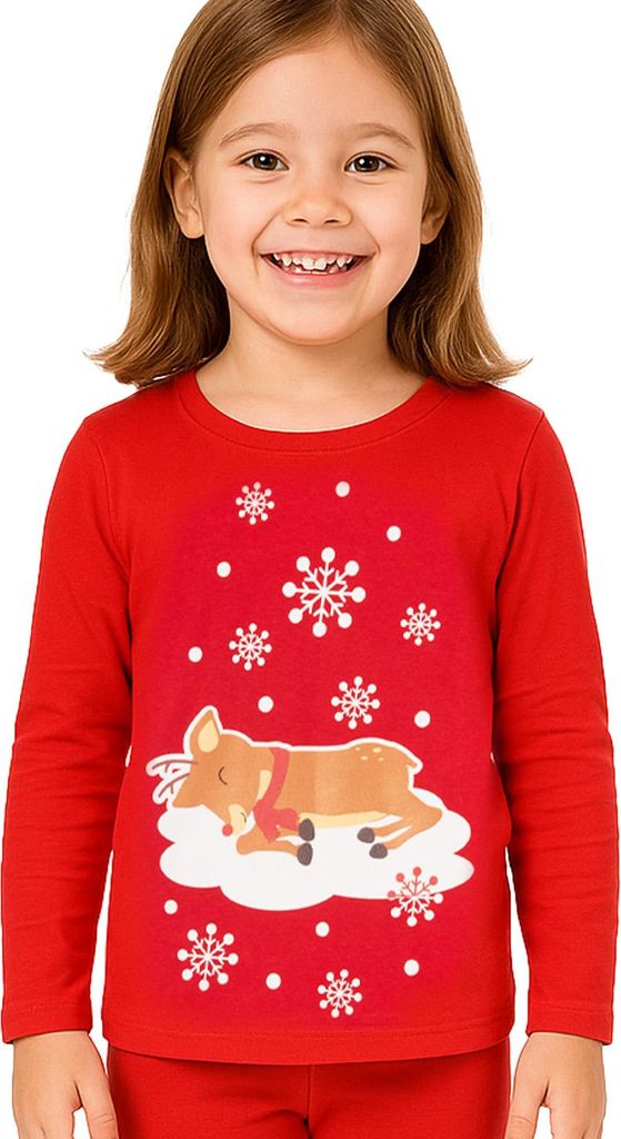 Schlafanzug für Mädchen - Rentier Kinder Pyjama Set Langarm Oberteil mit Hose Rot 98-104