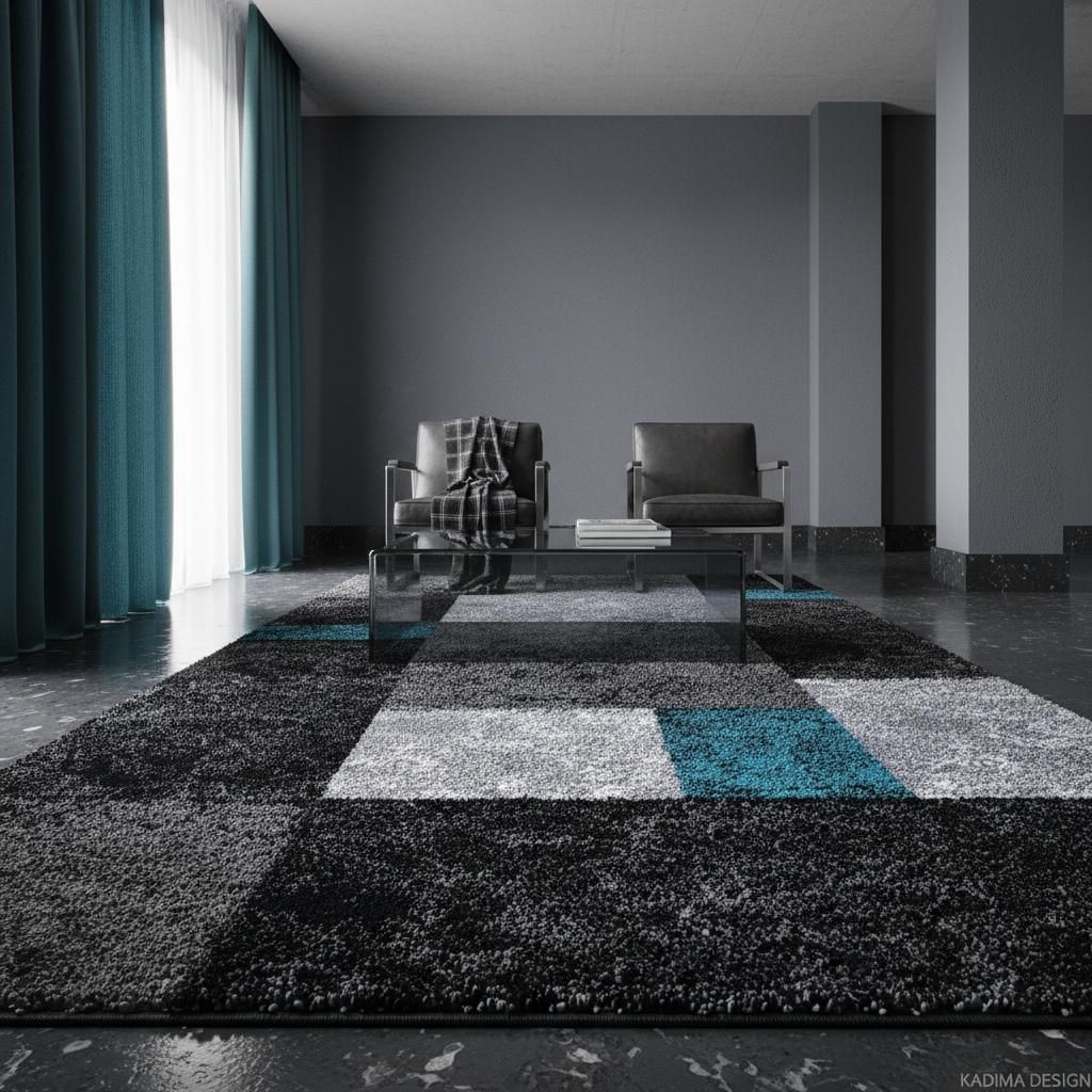 Kurzflorteppich Karo Pflegeleicht Waschbar Strapazierfähig | Türkis 120x170 cm Wohnzimmer Fußbodenheizung geeignet | MONZA – Kadima Design