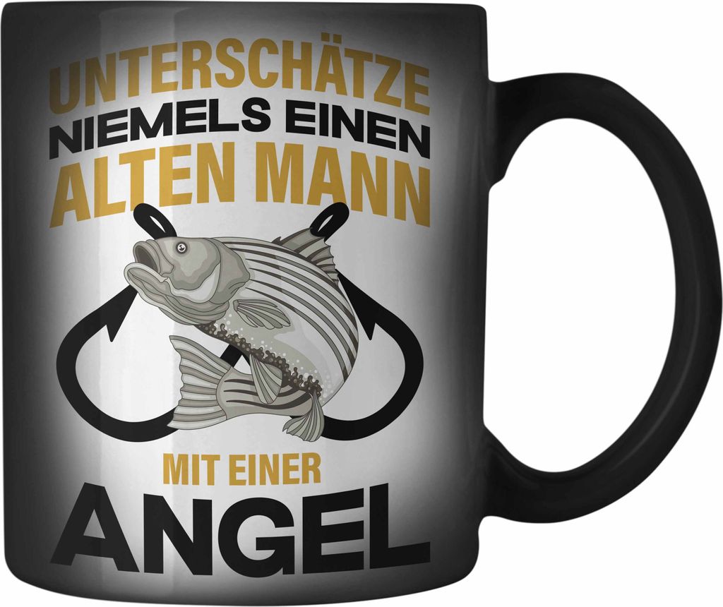 Trendation - Angler Farbwechsel Zauber-Tasse Geschenk Männer Sprüche Lustig für Fischer Geschenkidee Angeln Becher (Schwarz)