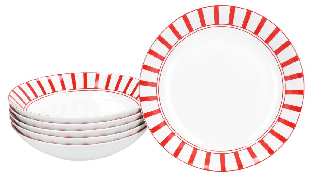 Split rouge rayé Set de 6 assiettes à soupe 450ml Image du produit 