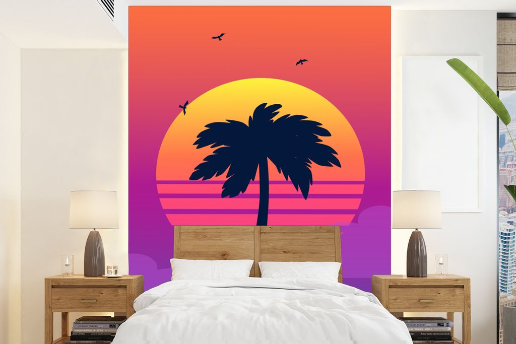 MuchoWow Fototapete für Wohnzimmer oder Schlafzimmer Wandtapete Vinyl Motivtapete Palme - Scherenschnitt - Sommer - 205x280 cm - Wandbild