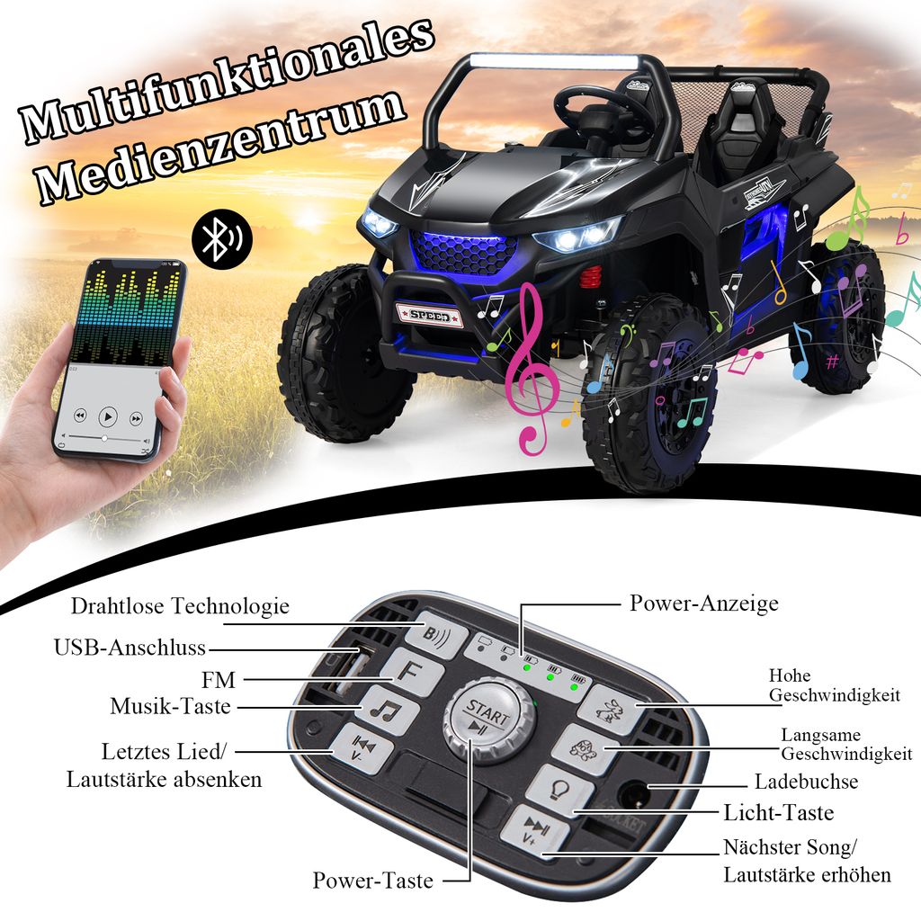 COSTWAY Voiture Électrique pour Enfants 12V avec Fonction de Tonte, Lumières LED, Rotation à 360