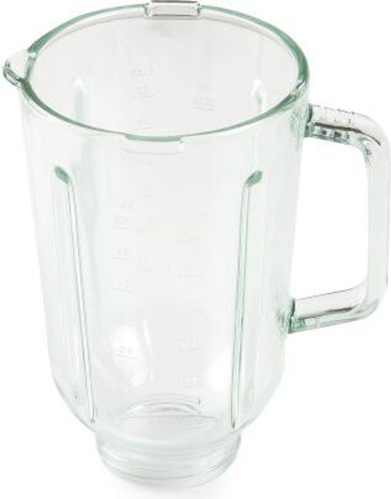 A clear glass blender jug with a handle and measurement markings.