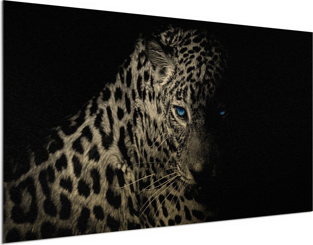DEQORI Alu-Dibond Bild Gold 100x50 cm 'Leopard mit blauen Augen' Wandbild Metall dünn