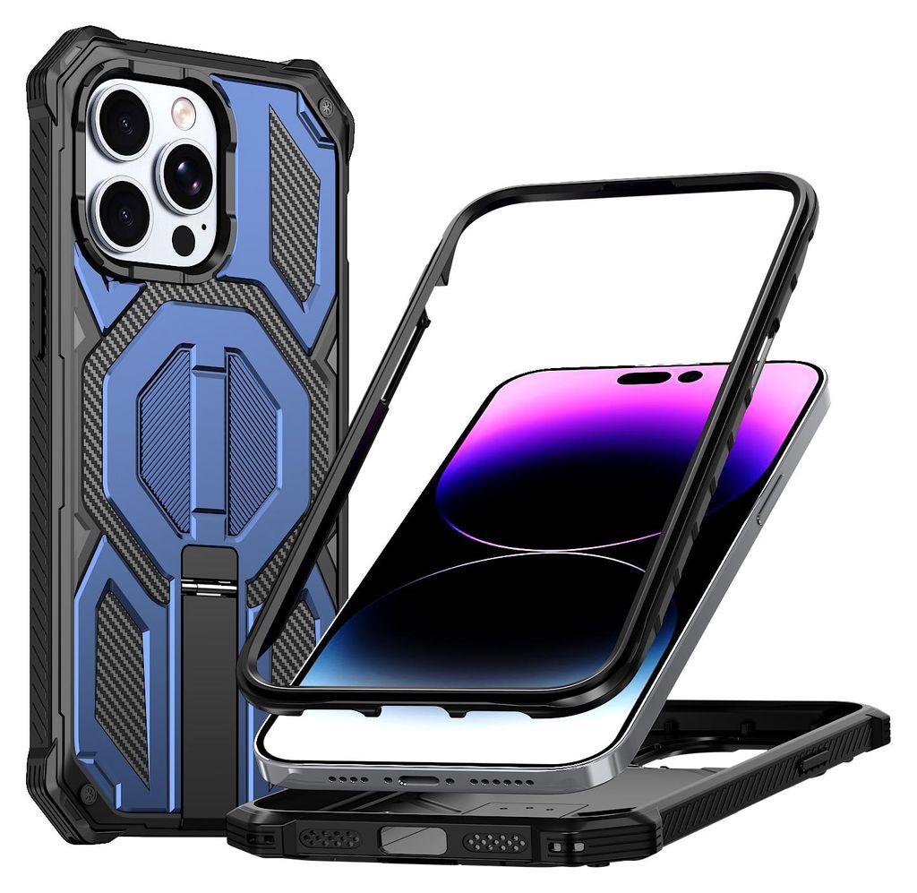 Magnetische Hülle für iPhone 13 Pro, Kompatibel mit MagSafe, Mit Metall-Ständer, Militärischer Stoßschutz Handyhülle Blau