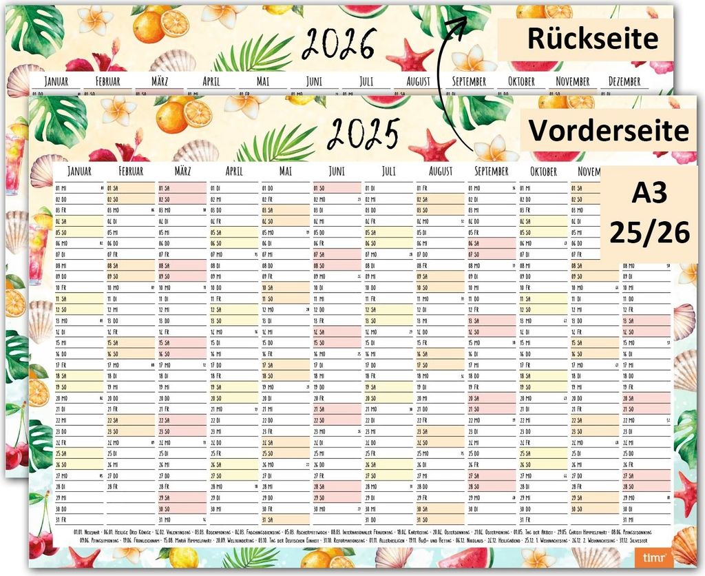 timr Wandkalender 2026/2025 Motiv Früchte - DIN A3 Kalender 12 Monate I tr_291