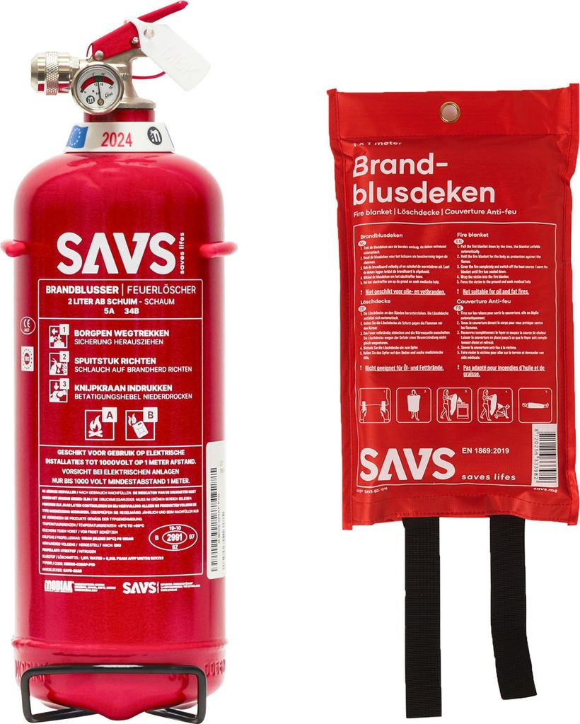 SAVS Feuerlöscherset - Schaum Medium - Feuerlöscher Schaum 2 Liter & Löschdecke 100x100cm - Feuerlöscherklasse 5A 34B - Mit Halterung