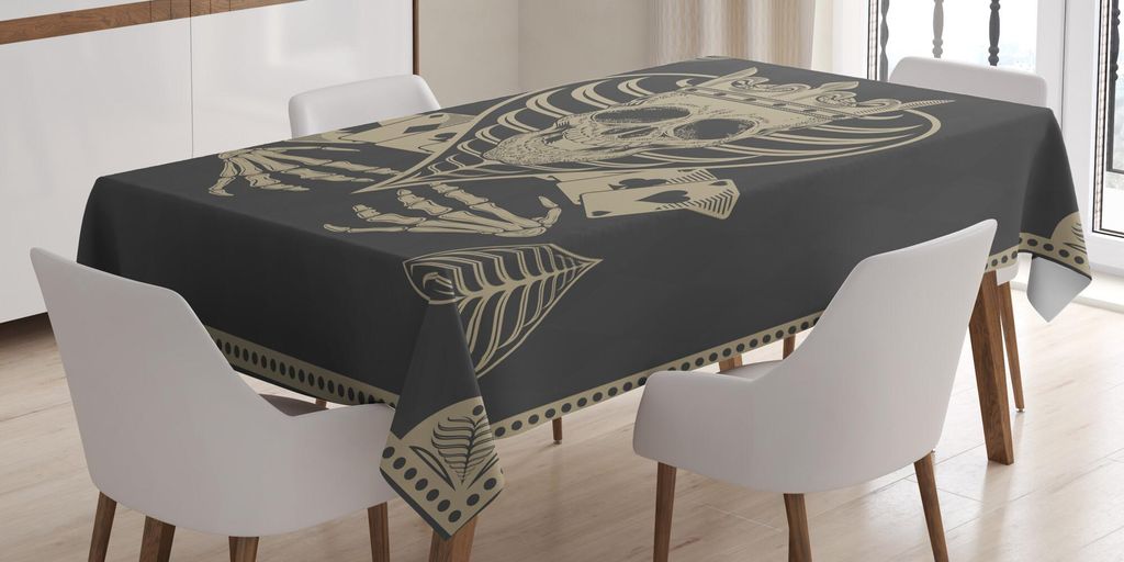 ABAKUHAUS Schädel Tischdecke, Vektor-Schädel-Poker-Karten spielen Spiel Scary Horror Image mit Krone und Herz, 140 x 200 cm, Dunkelgrau Tan Beige