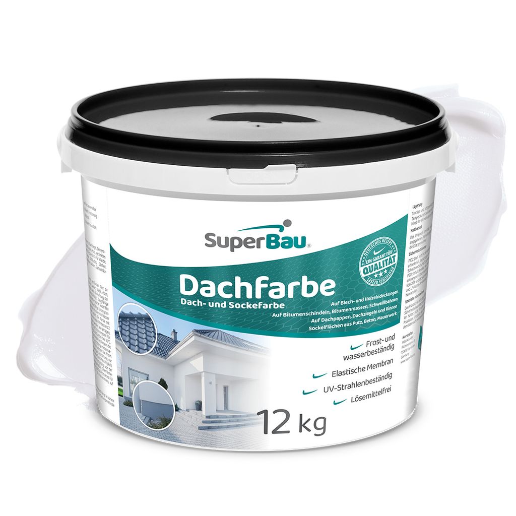 Superbau Dachfarbe Weiß 12kg, Sockelfarbe WASSERDICHT, Fassadenfarbe für Außen, Dachbeschichtung für Blechdach, Bitumen, Dachpappe, Schindeln, ...