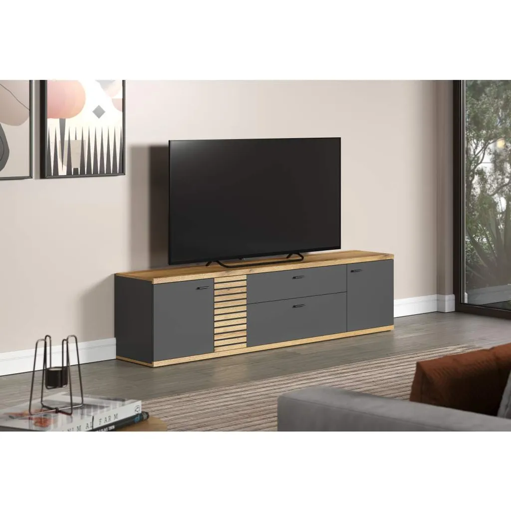 Meuble TV Norris pour Salon Gris et Chêne - Support Écran Plat avec Niches