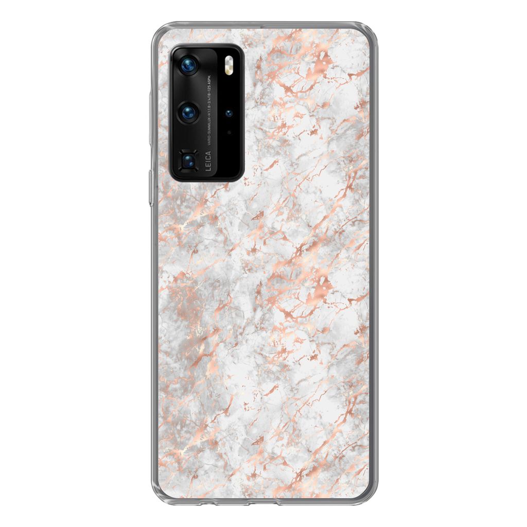 MuchoWow Handyhülle Schutzhülle Hülle für Huawei P40 Pro Roségold - Marmor - Weiß - Gemustert Silikon Softcase Handy Hülle - Schutz