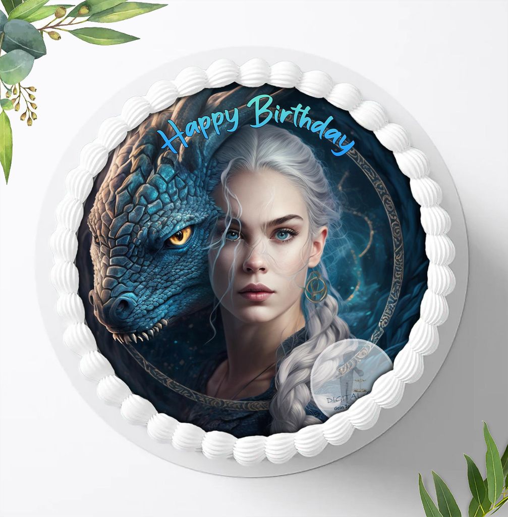 Für die Geburtstags Torte ein Tortenaufleger, Zuckerbild mit dem Motiv: Prinzessin mit Drachen, Essbares Foto für Torten, Fondant, Ø 20cm, 1894z