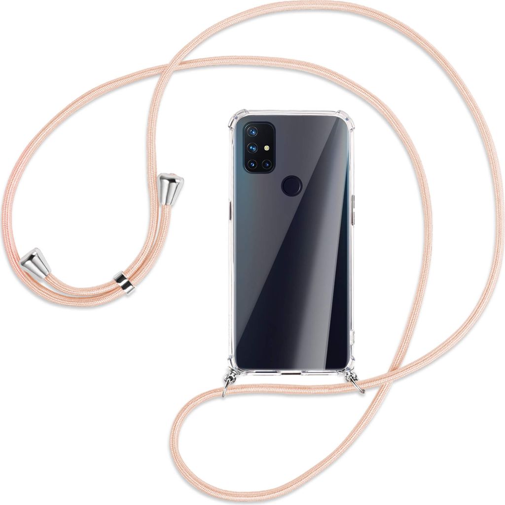 Handykette Backcover-Schutzhülle mit Band (Metall silberfarben) für OnePlus Nord N100 - rose peach