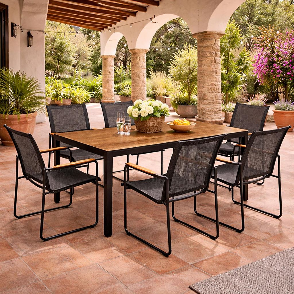 7tlg Gartengarnitur Outdoor Gartentisch Holzoptik 150 x 80cm + 6 x Stuhl Schwarz