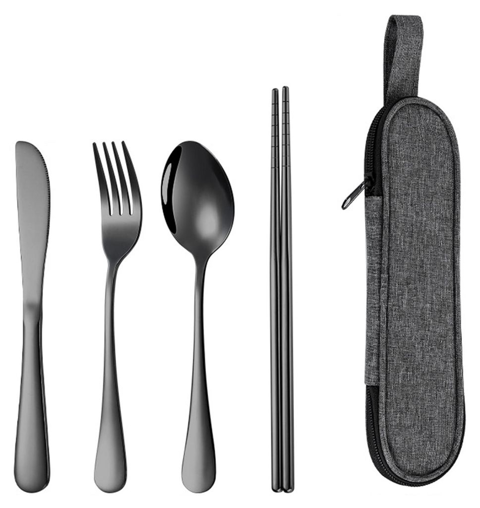 4-teiliges Edelstahl-Besteckset im Retro-Stil: Gabel, Löffel, Essstäbchen und Messer. Inklusive Aufbewahrungstasche. Hochglanzpoliert und spülma...