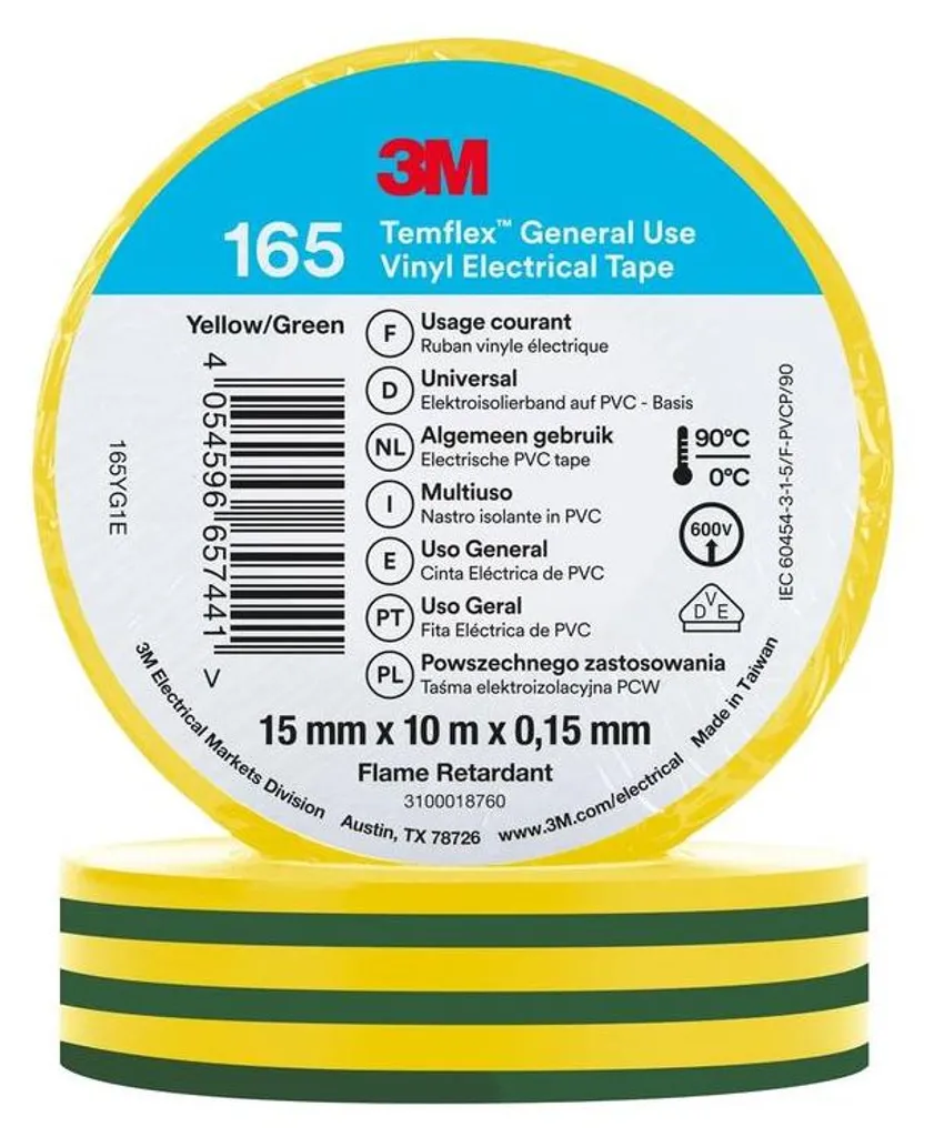 Isolant Électrique 3M™ Temflex™ 165 Vert Jaune pour Mise à la Terre