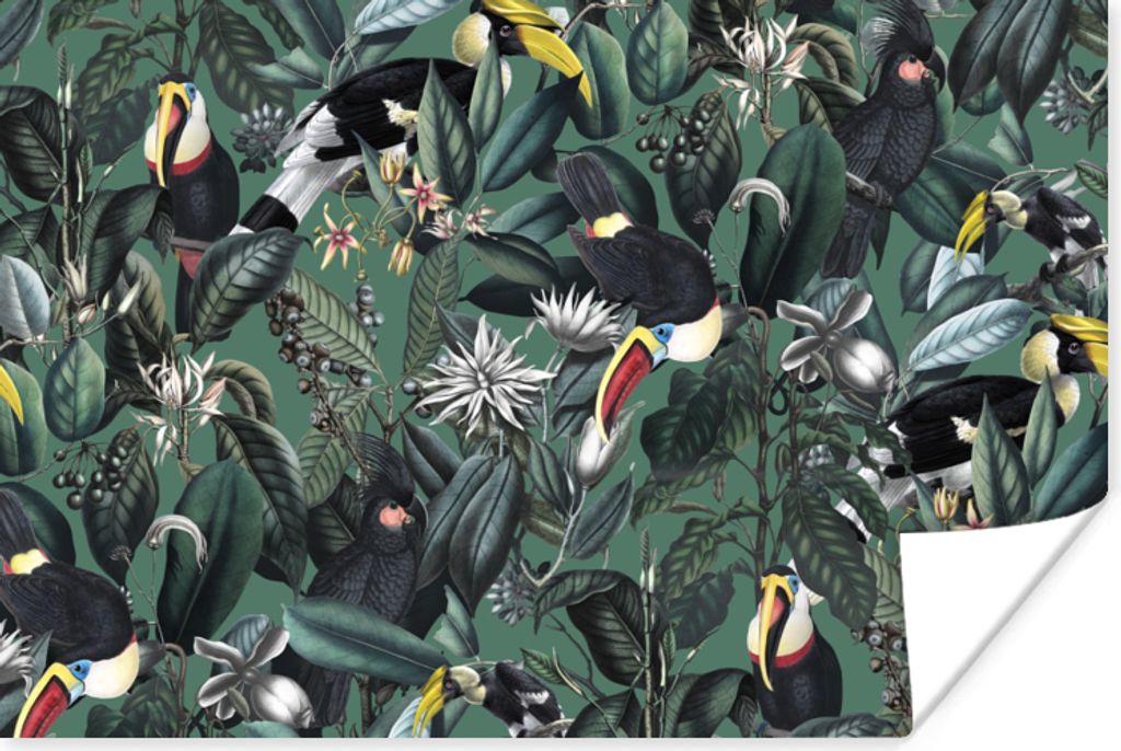 MuchoWow Poster Blumen - Vogel - Blätter 180x120 cm - Fotoplakat