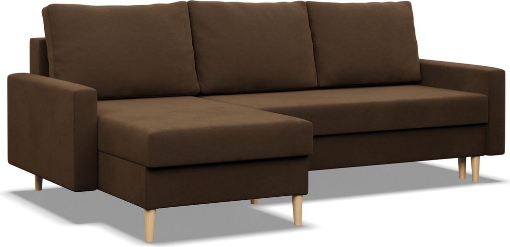 A brown sectional sofa with a chaise lounge is shown from a slightly elevated side angle against a white background.