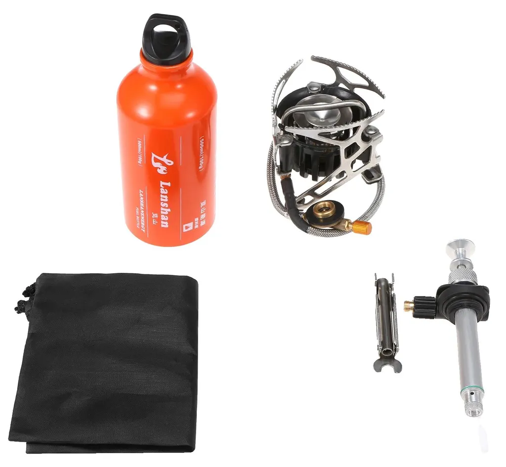 Réchaud multicombustible à mazout avec bouteille 500ml et pare-vent