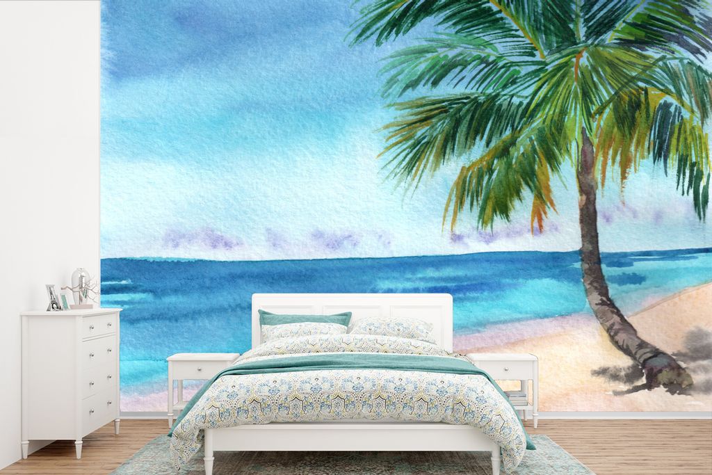 MuchoWow Fototapete für Wohnzimmer oder Schlafzimmer Wandtapete Vinyl Motivtapete Strand - Palme - Meer - 420x280 cm - Zimmer für Kinder