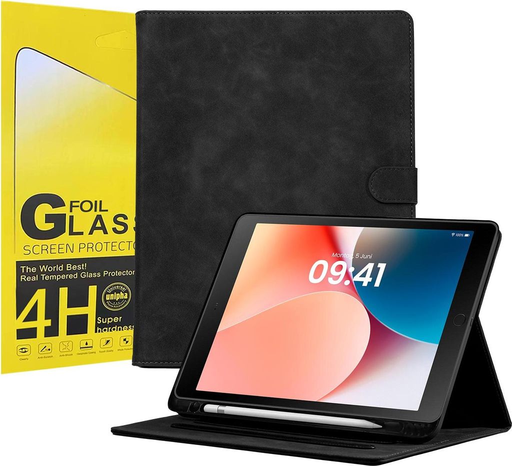 LBH Tablet Schutzhülle + 2x 4H Displayfolie für Apple iPad 7. 8. 9. Gen 10.2 Zoll Cover Case Schutz Tablet Farbe: Schwarz