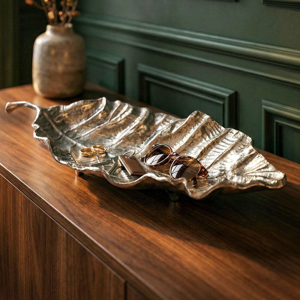 WOHNLING Dekoschale Blatt Aluminium Silbern Schale 67cm Tischdeko Metall Wohnzimmer Alu Wohnaccessoire Metallschale Dekoration Aluschale lang Handmade