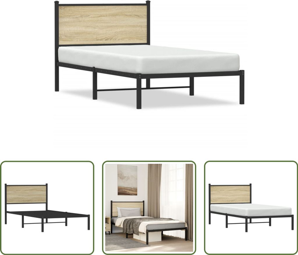 The Living Store Bettgestell mit Kopfteil Metall Sonoma-Eiche 107x203 cm
