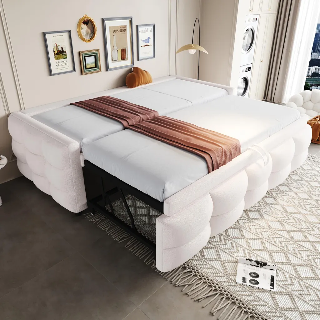Lit d'appoint modulable 90/180x190cm velours bouclé beige et lattes