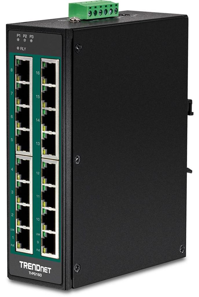 TRENDnet TI-PG160 DIN-Rail Switch PoE+ 16-Port Industrial Produktbild 