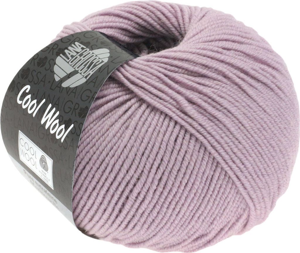 A ball of light purple yarn with a black label.