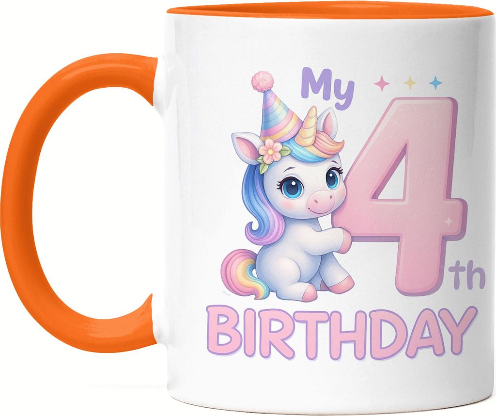 Einhorn Tasse Orange My 4th Birthday Geschenkidee Kindergeburtstag Mädchen 4 Jahre