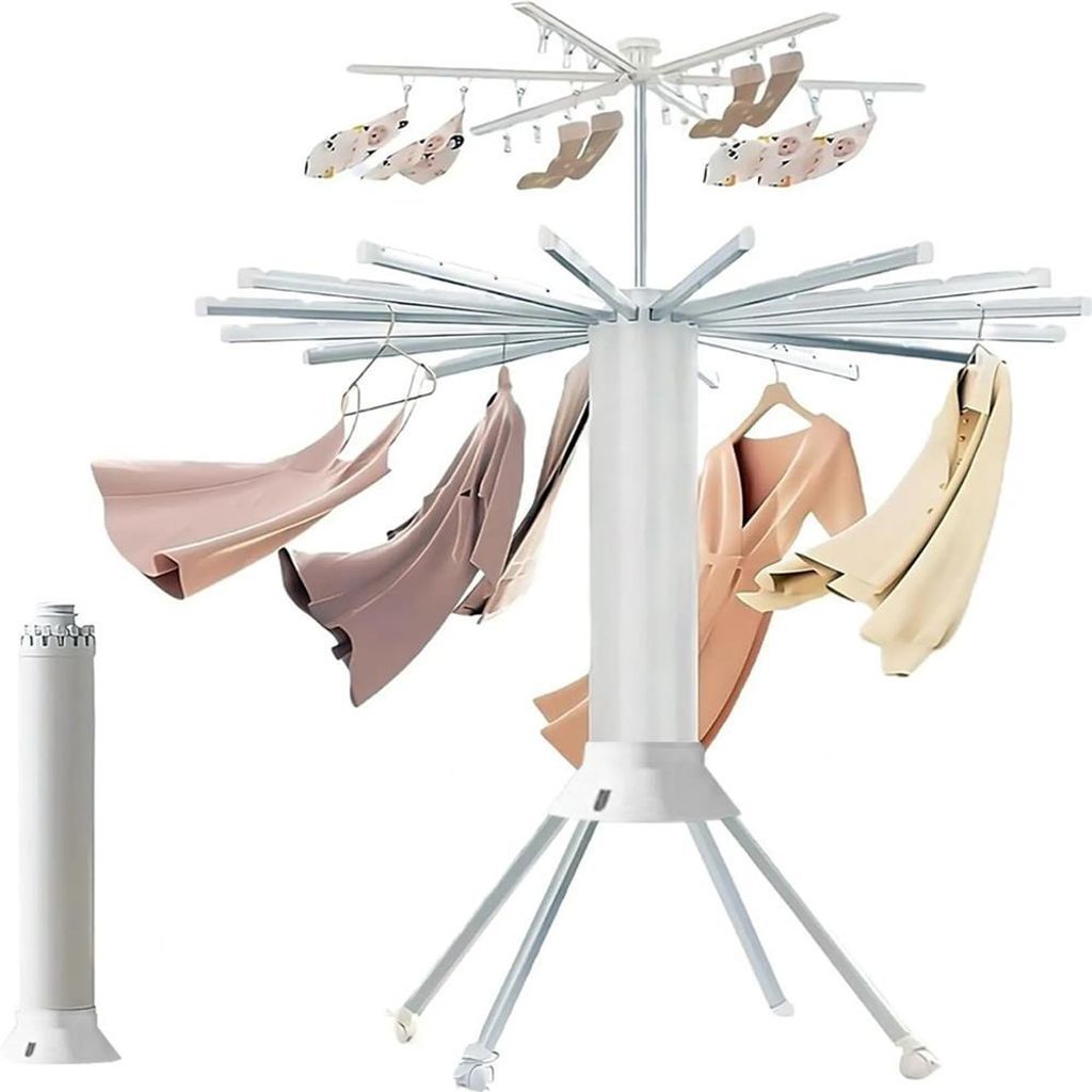 A white drying rack with clothes and socks hanging on it, set against a white background. A separate white cylindrical object is visible to the left.