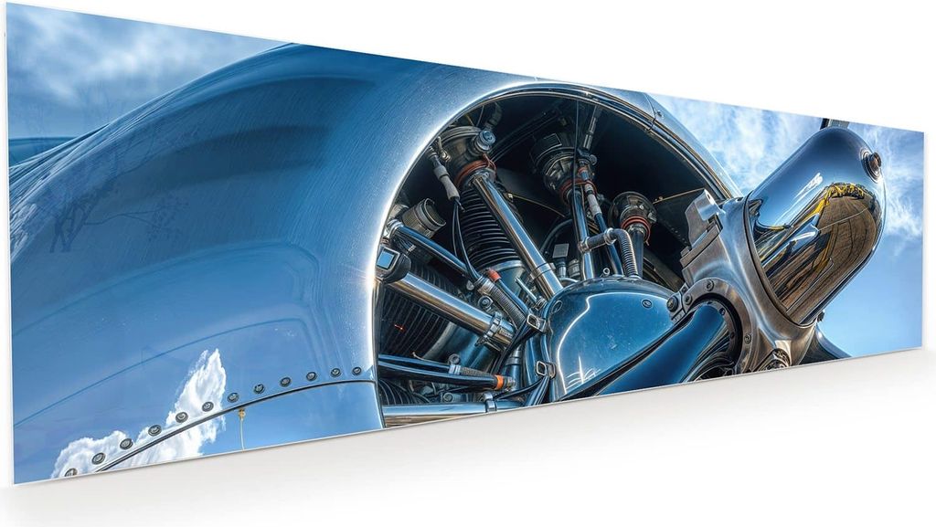 Glasbild 120x40cm in XXL für Wohnzimmer, Schlafzimmer Motiv Flugzeugmotor
