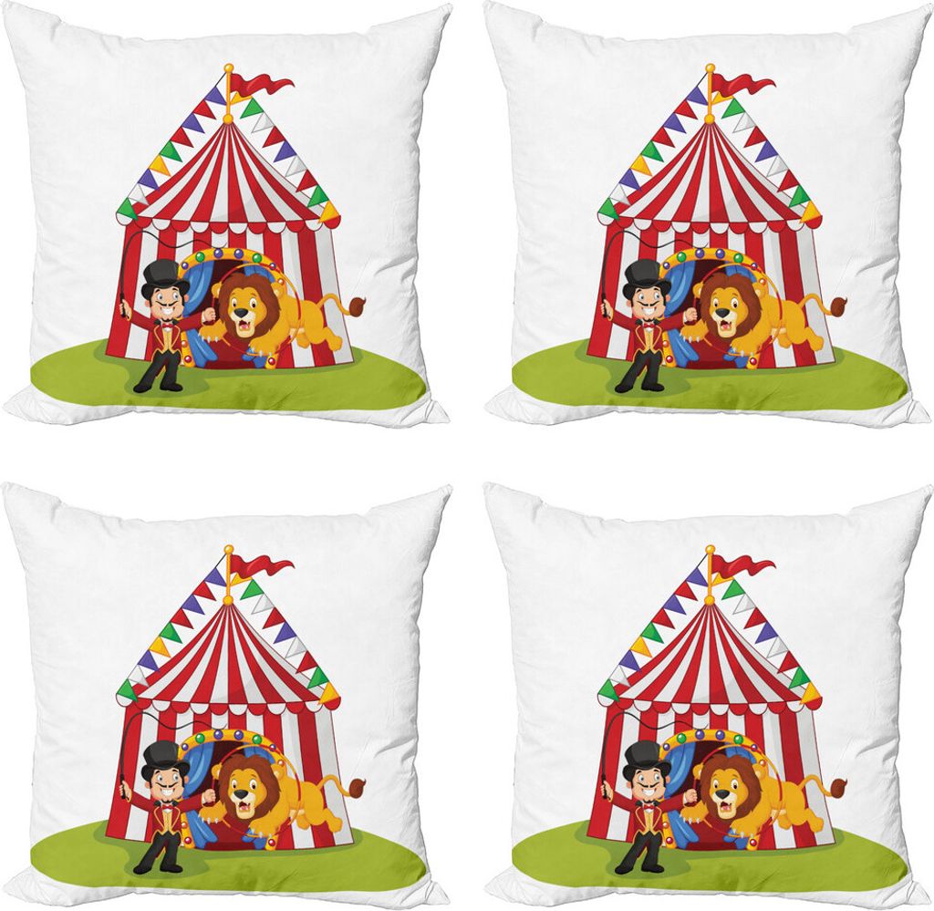 ABAKUHAUS Zirkus Kissenbezug Set (4 Stück), Cartoon-Löwe-Jumping Ring, Moderner Doppelseitiger Digitaldruck, 45 cm x 45 cm, Mehrfarbig