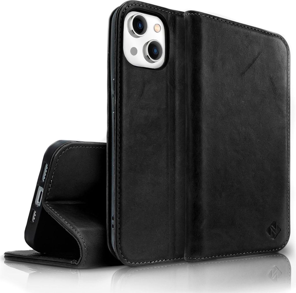 Echt Leder Hülle für iPhone 14 Plus, RFID Schutz Flipcase Klapphülle Schutzhülle Schwarz
