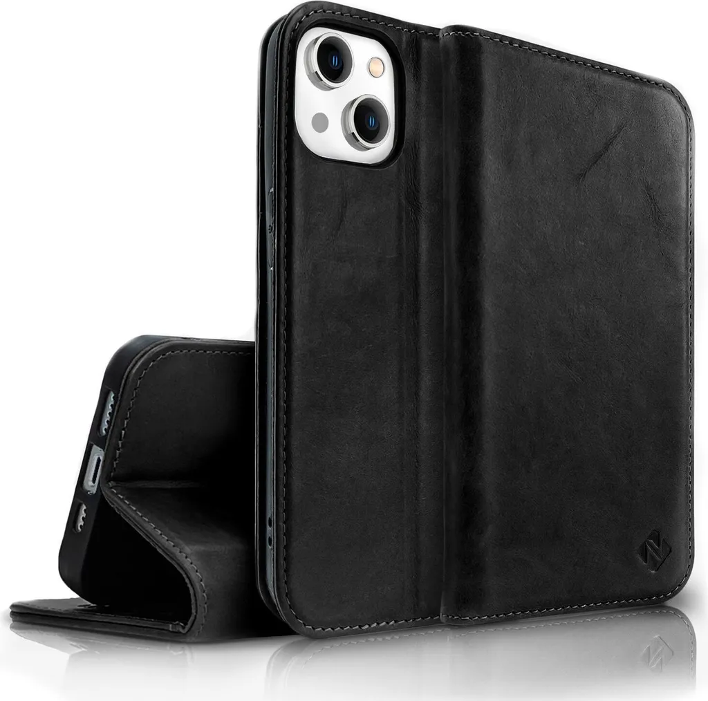 Custodia iPhone 14 Plus Vera Pelle Nera | Flip Cover RFID Anti-Frode