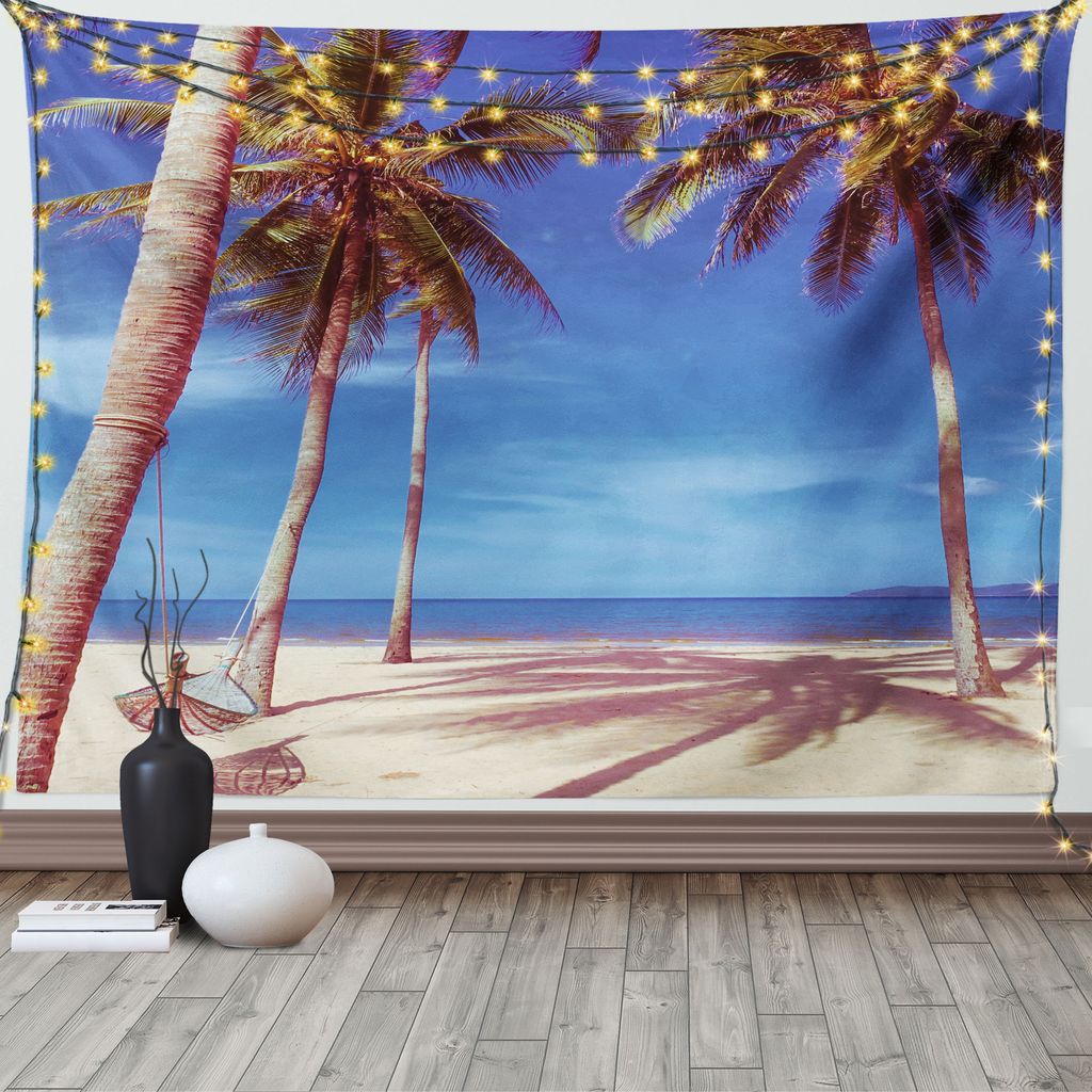 ABAKUHAUS Sommer Wandteppich, Ocean Palms Warm Strand, Wohnzimmer Schlafzimmer Wandtuch Seidiges Satin Wandteppich, 150 x 100 cm, Navy Creme Grün