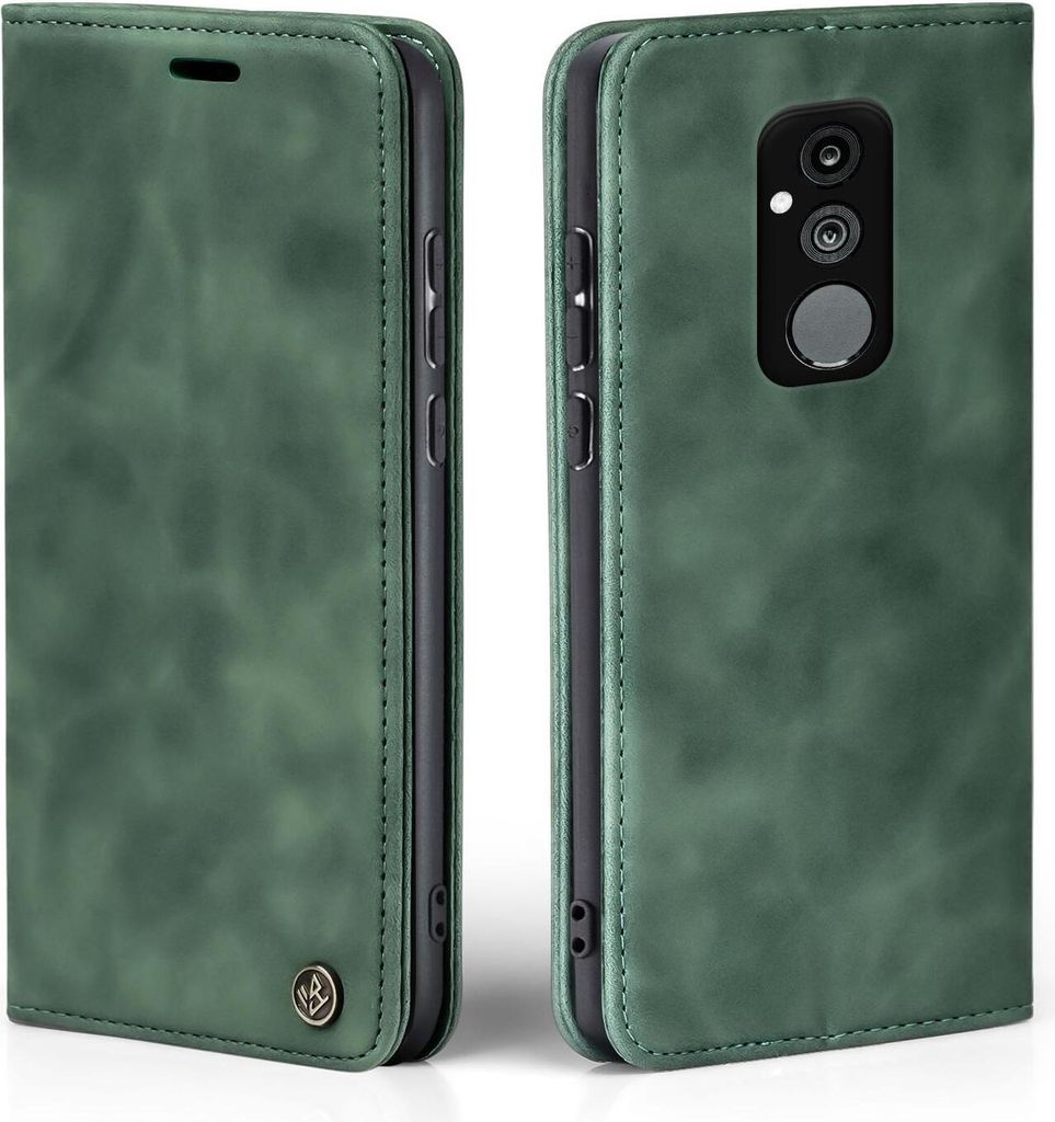 A green flip case for a Huawei Mate 20 Lite phone is shown from two angles.