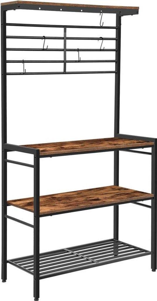 Keukenrek mit hohem Displaybrett, Magnetronstandaart, Holzregal mit 2 Holzplatten und Gaspaneel, Kücheninselregal mit 6 Haken, verstellbare Füße...