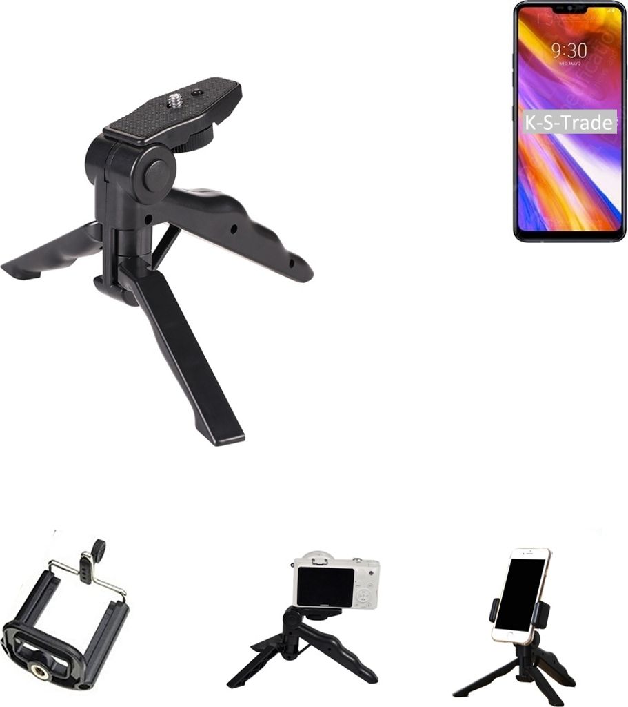 K-S-Trade Stativ Tisch-Ständer Dreibein Handy-Stativ Ständer kompatibel mit LG Electronics G7+ ThinQ Mini-Stativ Smartphone Tripod Handy-Stativ aus