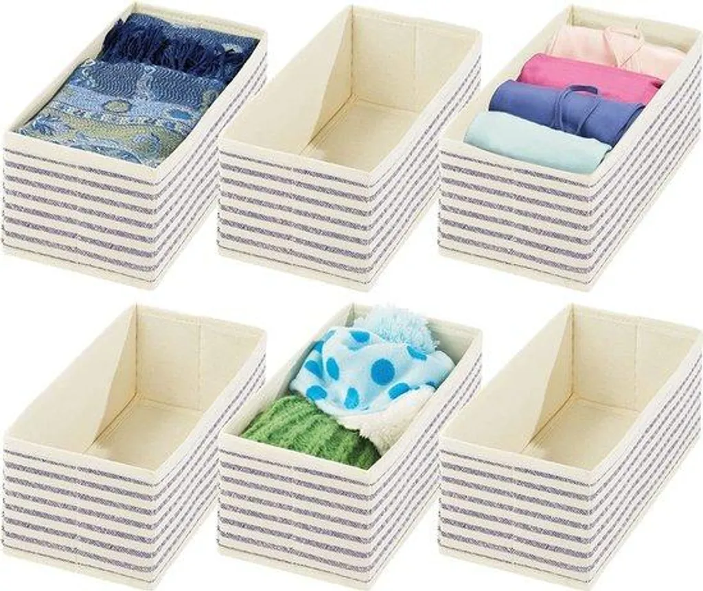 Lot de 6 boîtes de rangement en tissu respirant bleu et naturel pour linge