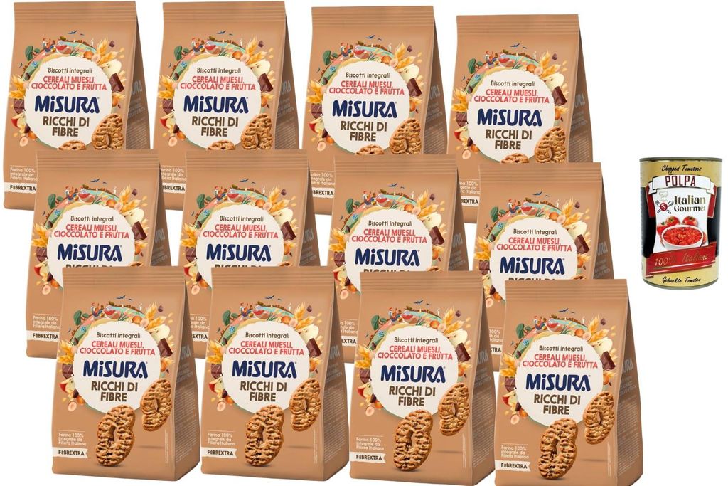 Italian Gourmet - Fibrextra, Vollkornkekse mit Müsli, Schokolade & Frucht, ballaststoffreiche Kekse aus Italien, Vorratspack 12 x 290 g, knusprige...