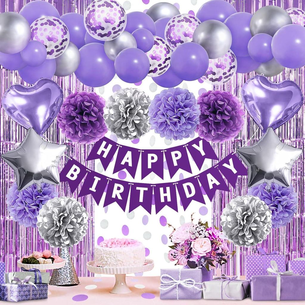 ZERODECO Lila Silber Geburtstagsdeko Set mit Ballons und Produktbild 