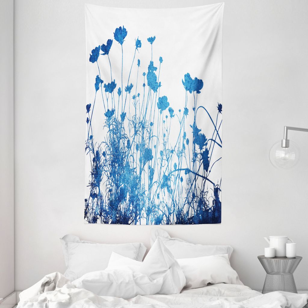 ABAKUHAUS Blau Weiss Wandteppich und Tagesdecke, Wildblumen-Blüte aus Weiches Mikrofaser Stoff Waschbar ohne Verblassen Digitaldruck, 140 x 230 cm...