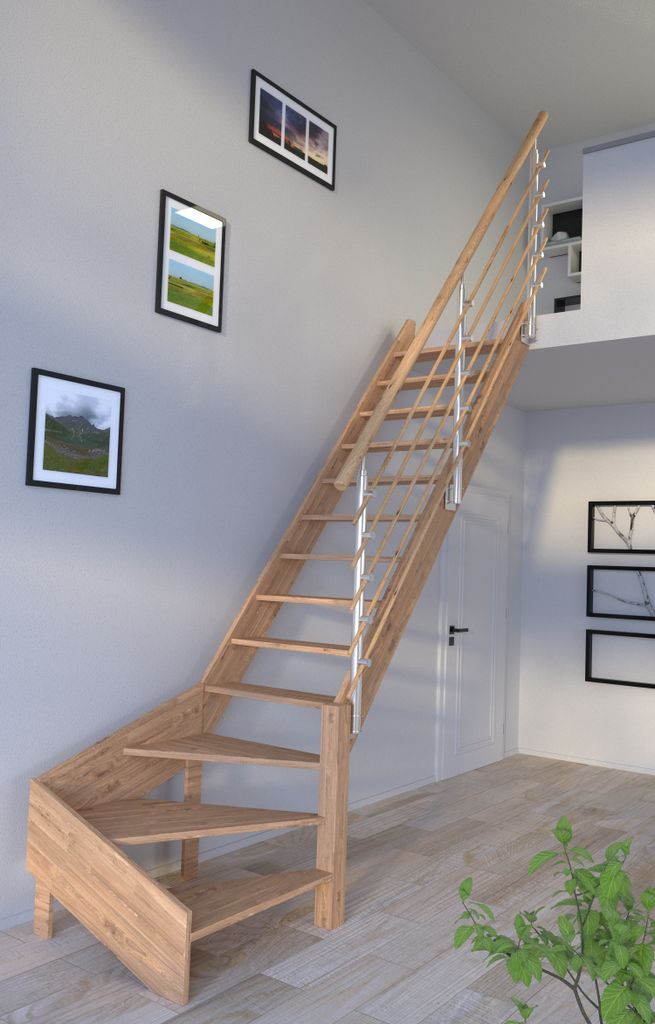 Holztreppe Rhodos in 1/4 gewendelter Ausführung rechts-Eiche-Design Geländer Holzrundstäbe-ohne Setzstufen