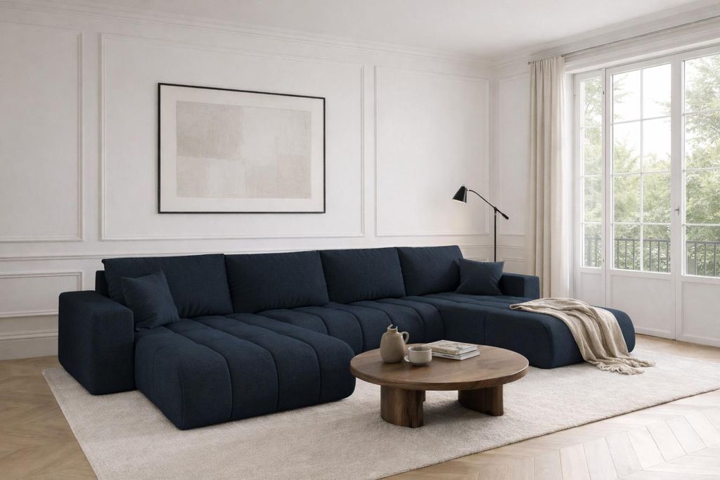 Kaiser Möbel Ecksofa mit schlaffunktion und bettkasten MILO U PREMIUM, stoff WIND, Dunkelblau