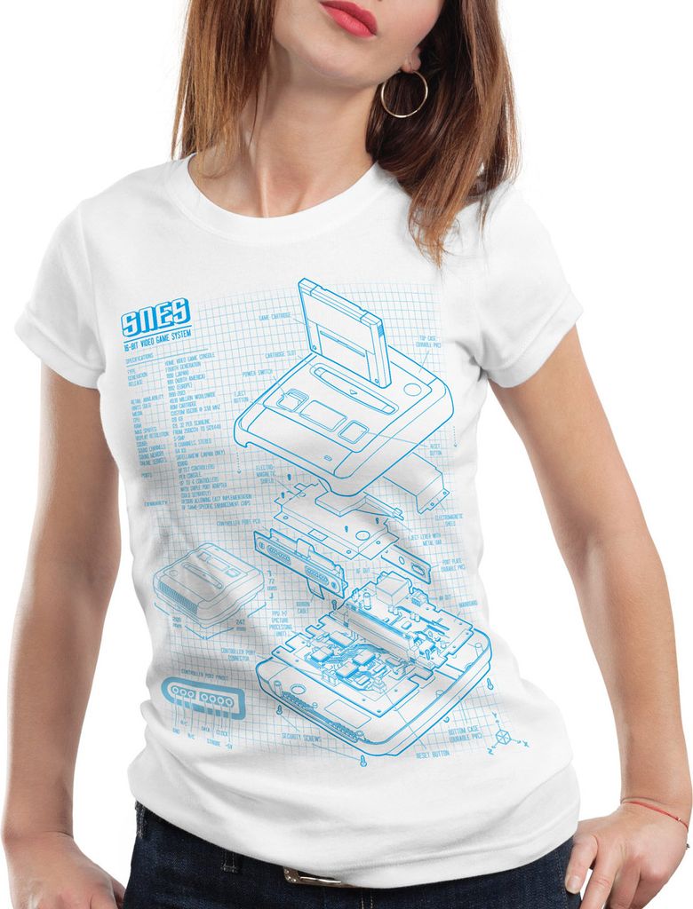 style3 SNES Blaupause Damen T-Shirt 16-Bit Videospiel, Farbe:Weiß, Größe:XL