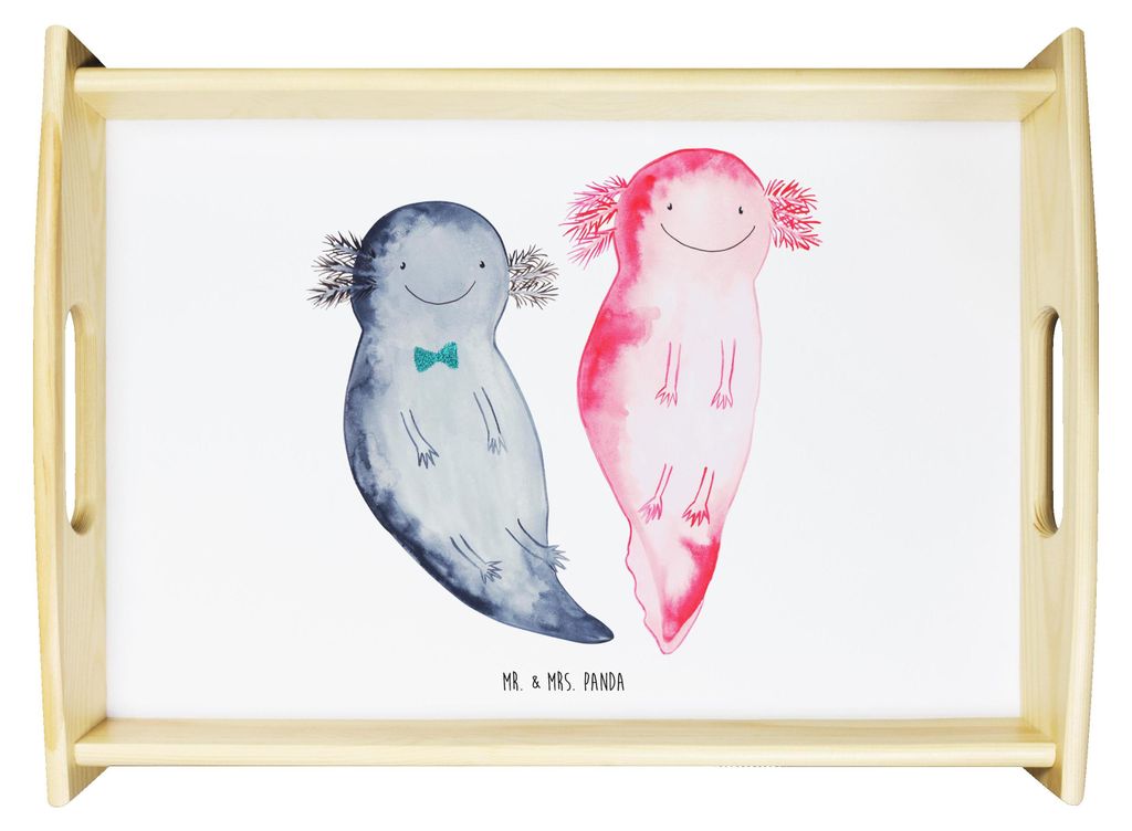 Mr. & Mrs. Panda Tablett Axolotl Freundin - Weiß - Geschenk, Liebe, Deko, Serviertablett, Servier, Lurche, holz, Valentinstag, Holztablett