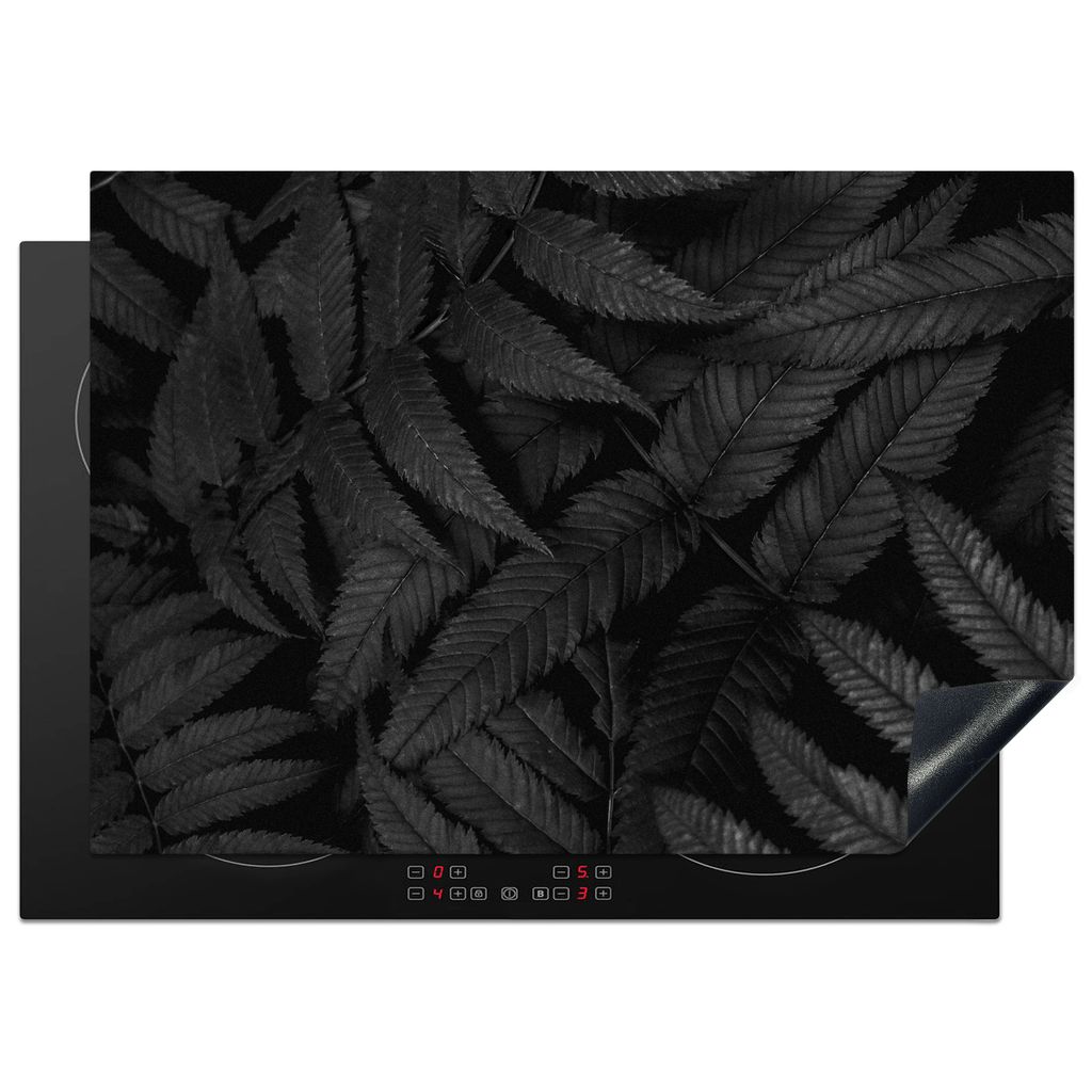 KitchenYeah Herdabdeckplatte Blätter - Schwarz - Dunkel - Grau , 75x52cm, Küche Deko, Glaskeramikkochfeld Herdabdeckung, Abdeckplatte fùr Koch...