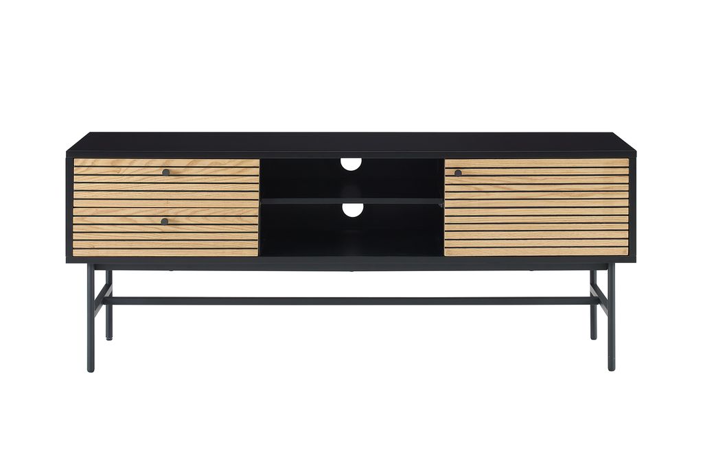 SalesFever TV-Lowboard | 2 Schubladen, 1 Tür, 2 offene Fächer | MDF Eiche Echtholzfurnier | Gestell Metall | B 150 x T 40 x H 60 cm | schwarz-eiche